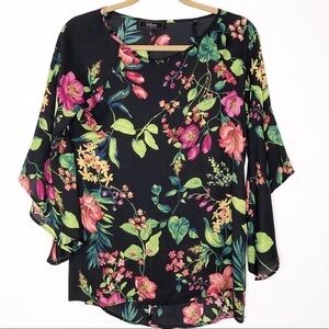 Status Floral Chiffon Blouse Black Multi Flowy Bell Sleeves Size Small